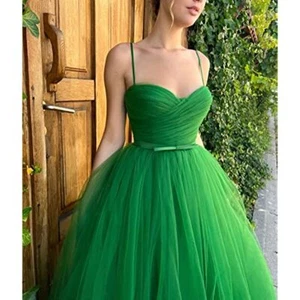 Thin Shoulder Strap Dresses Shin Length Formal Party Evening Dress With Pockets - Picture 1 of 54