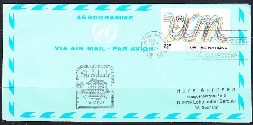 United Nations New York 1980 cover Air Letter Aerogramme Rorschach cancel - Image 1 of 1