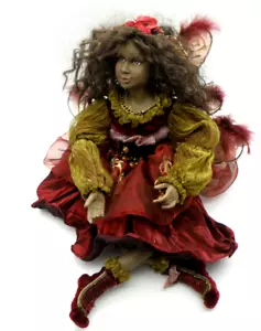 Vtg Shelf Sitter Fairy Doll Ornate Burgundy Gold Dress Dark Skin Broken Finger - Picture 1 of 14