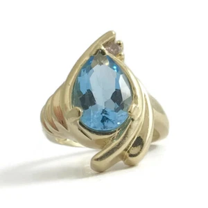 Vintage Pear Blue Topaz Diamond Cocktail Ring 14K Yellow Gold, 5.55 CTW, 6.42 Gr - Picture 1 of 12