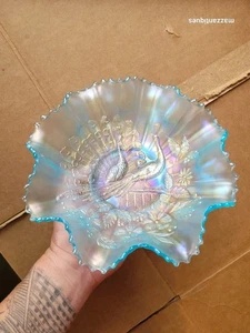 Outstanding Ice Blue Northwood Carnival Glass Peacocks on the Fence Bowl!!! - Picture 1 of 18