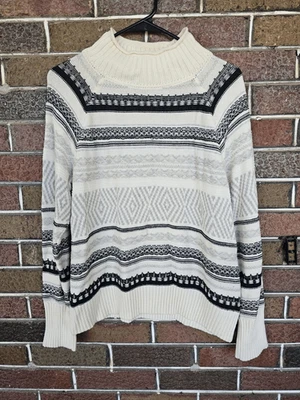 Suéter Pullover Grande Chaps Marfil y Gris Rayas Fair Isle Mock Cuello Alto Foto 1 de 4