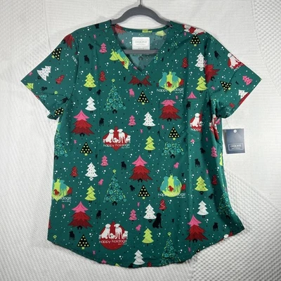 Happy Holidogs Womens Medium Cherokee Christmas  Scrub Top New #165 - Image 1 of 4