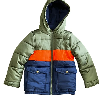 Carter’s Kids Sz 5 Puffer Jacket Hooded Colorblock Green Orange Navy Winter Coat - Image 1 of 4
