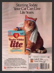 1989 Tender Vittles Lite Food Orange Cat Exercising Print Advertisement Ad - Picture 1 of 1