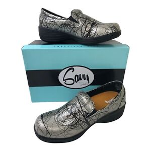 Savvy Nursing Shoes Womens Size 10 Slip On Clogs Silver Scrabble Katy TG
