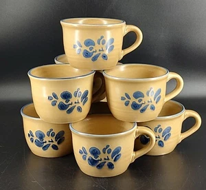 Pfaltzgraff FOLK ART 100 Blue Floral Tan Rustic Castle Imprint Flat Cups Set 8  - Picture 1 of 8