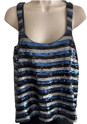 Heirloom J CREW horizontal sequin top blue black silver tank clubwear straps S - Image 1 of 4