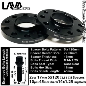 2PC 17MM THICK 5X120 72.56MM C.B WHEEL SPACER+10 14X1.25 BOLT FIT BMW MINI MODEL - Picture 1 of 2