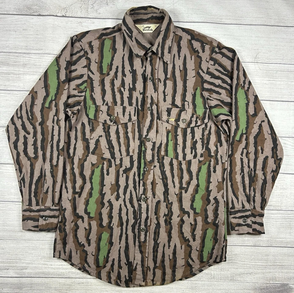 Vintage DUXBAK Camo Chamois Flannel Shirt Men's Medium Trebark Green Leaf - Image 1 of 4