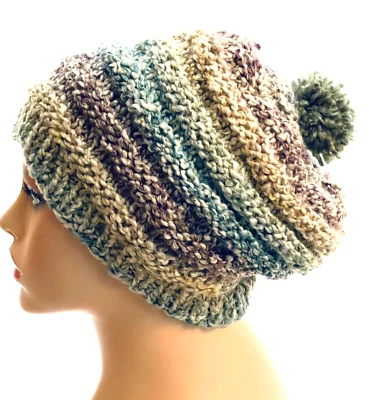 Large Size Colorful Soft Warm Hand Knitted Beanie Hat Pompom Purple Beige Green - Image 1 of 4