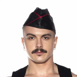 GENUINE LEATHER MILITARY TRIANGLE BLACK CAP LEATHER ARMY HAT BDSM GAY FETISH - Picture 1 of 3