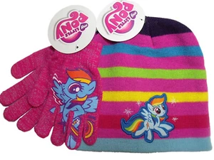 My Little Pony Girls Striped Knit Beanie Hat + Rainbow Dash Pink Gloves NWT - Picture 1 of 3