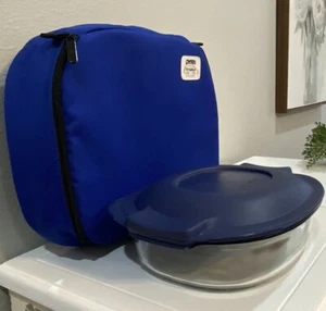 Vtg Blue Black Pyrex Portables 2.5 QT Glass Roaster Dish #702 Lid Carry Bag - Picture 1 of 16