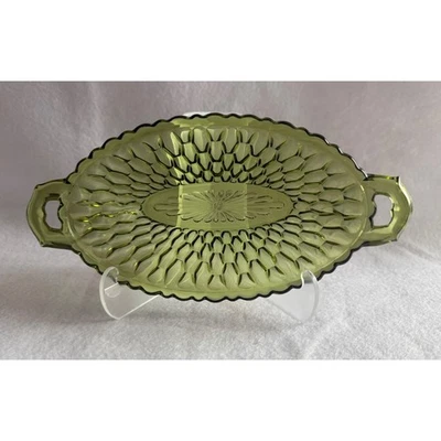 Vintage Green Glass Oval Dish-Candy Nut Trinket Serving Dish w/Handles 7" long - Image 1 of 4