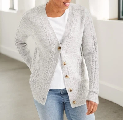 Cárdigan tejido con cable de lentejuelas brillantes Style & Co para mujer Earl Gry talla PL NUEVO CON ETIQUETAS Foto 1 de 2