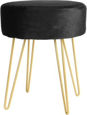 Black Velvet Round Footstool with Golden Legs – Modern Compact Vanity Seat - Image 1 of 4