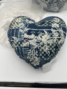 Pottery Barn LOVE Patchwork Heartshaped Embroidered Pillow Indigo Denim, NEW - Picture 1 of 4