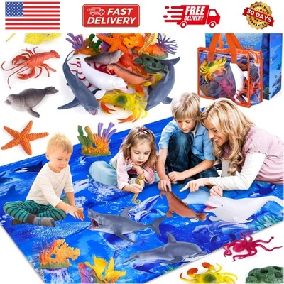 Juguetes para niños animales marinos con tapete de juego grande, paquete de 18 surtidos realistas marinos... Foto 1 de 4