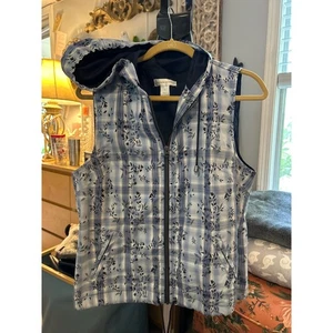 Christopher Banks Women's Plaid Floral Vest Hooded Zip Front Size M - Picture 1 of 3