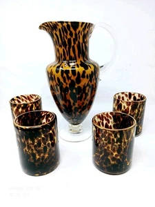  Pedestal Decorative Pitcher Hand Blown Glass Animal Print Amber Colors - Picture 1 of 9