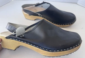 Schwarze Leder Holz Clog Slingback Schnalle Pantolette Loafer Schuhe Damen Gr. 41 - Bild 1 von 11