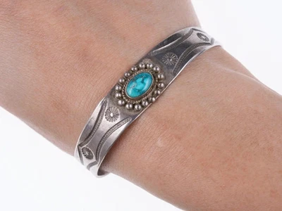 6.38" 30's Navajo Hand stamped sterling silver/turquoise cuff bracelet - Image 1 of 4