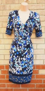 PER UNA BLUE WHITE FLORAL SHORT SLEEVE WRAP SOFT JERSEY BODYCON DRESS 10 S - Picture 1 of 6