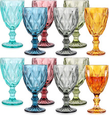 Set of 12 Vintage Glass Goblets Bulk 10 Oz Multi Colored Glasses Crystal Stemmed