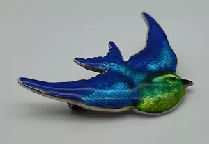 Vtg Blue Green Bird Swallow Guilloche Enamel Sterling Silver Brooch Pin Lapel - Picture 1 of 7