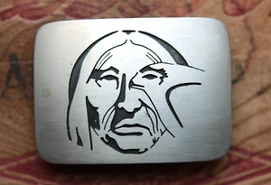 Vintage Hand Made Hawkeye Indian Chief Nickel Silver Western Belt Buckle - Picture 1 of 3