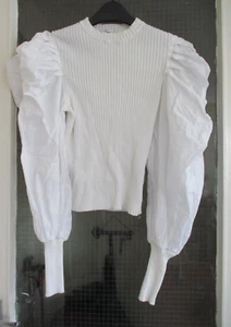 Zara Ladies White Stretch Rib Long Puffed Sleeves Top L - Picture 1 of 4