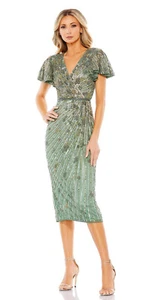 New Mac Duggal EMBELLISHED FAUX WRAP FLUTTER SLEEVE DRESS In Sage Size 12 $498 - Picture 1 of 9