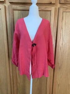 HabitaT Damen Strickjacke vorne offen Oberteil 100% Leinen Größe Large L rosa gepunzt - Bild 1 von 11