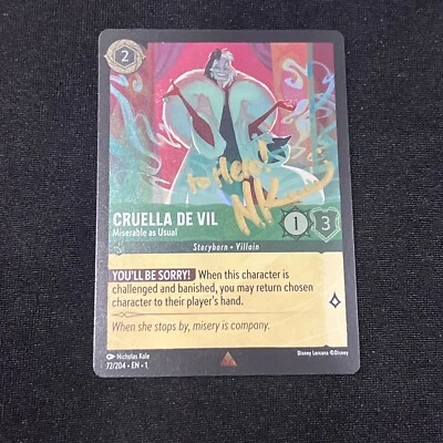 Lorcana Cruella De Vil Foil Card 72/204 Signed Nicholas Kole - Image 1 of 4