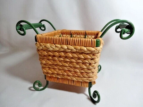 Braided Wicker Straw Basket Green Handles Metal Scroll Feet Handles Square Cover