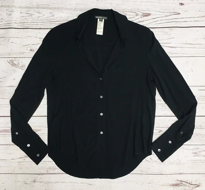 Camisa Blusa James Perse Para Mujer Negra Viscosa Elastizada Bolsillo Botón Talla 0/XS Foto 1 de 4