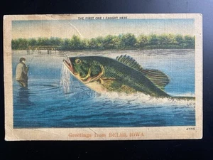 Vintage Postcard:  The First One I Caught Here Delhi Iowa Linen Postcard - Picture 1 of 2