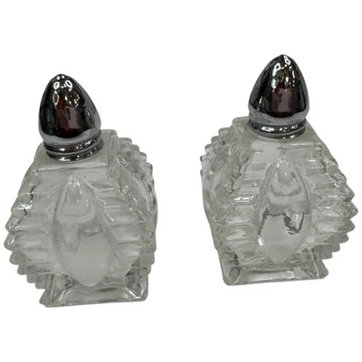 Vintage Crystal Clear Art Deco Cut Glass Etched Novelty Salt and Pepper Shakers - Image 1 of 4