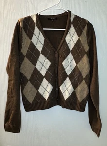 Love Tree marrone e crema argyle cardigan scollo a V maglione manica lunga donna large - Foto 1 di 6