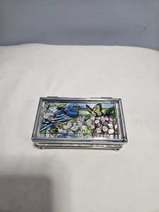 Amia Denver Co. handbemalte Buntglas Schmuckschatulle blauer Vogel Schmetterling - Bild 1 von 10