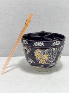 Mira Designs Floral Ramen Udon Bowl Rice Tempura Condiments-Top Chopstick Holes - Picture 1 of 14