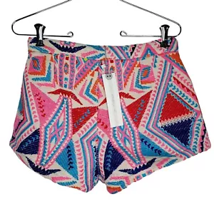 ONeill Shorts NEW Medium 10 Boho Pink Blue Geometric Embroidered Lined Pockets - Picture 1 of 6