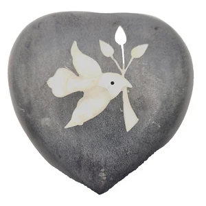 Carved Soapstone Heart Shaped Trinket Jewelry Box MOP Abalone Flower Dove Inlay - Picture 1 of 21