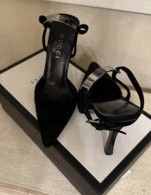 GUCCI  Black Suede Metal Logo Plate Ankle Strap Pump EU 6 1/2 B - Image 1 of 4