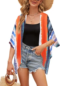 Women Chiffon Kimono Cardigan Short Sleeve Open Front Tops Beach Wear Cover Up - Picture 1 of 12
