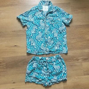 PrintFresh Tiger Queen Pajama Set Womens XS Teal Blue Shorts Button Down Anthro - Picture 1 of 8