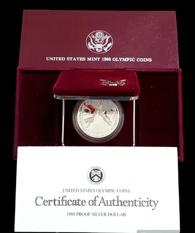 1988 Olympic Silver Proof Coin US Mint w/COA and OGP - Beautiful Coin! Has Spots Cover