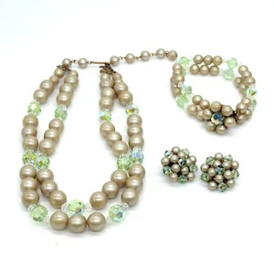 Vintage Demi Parure Perlen Set Halskette Armband und Ohrringe Grün AB Champagner - Bild 1 von 12