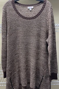 Denim & Co D&Co. Womens Brown White Round Neck Sweater Knit Zippers Size 1XP New - Picture 1 of 6